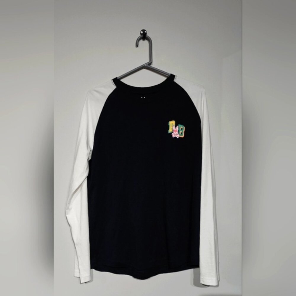 New Psycho Bunny Fulton Black White Fine Cotton Crew-Neck Raglan Long Sleeve Boy